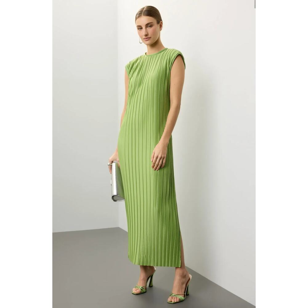 Atlein Green Plisse Midi Dress Ruched Long Sleeve Mock Neck Sz M